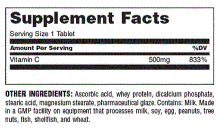 Universal Nutrition Vitamin C 500mg Supplement Facts