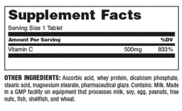 Universal Nutrition Vitamin C 500mg Supplement Facts