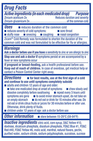 Zicam Cold Remedy Supplement Facts